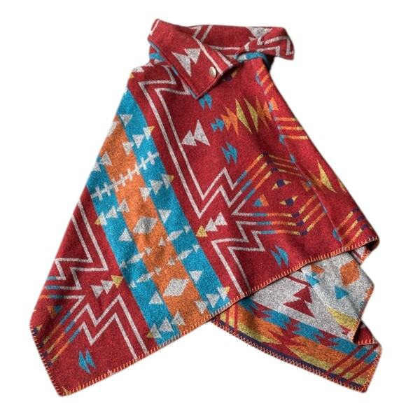 Rhonda Stark Aztec Wool Poncho Button Collar - Picture 1 of 5